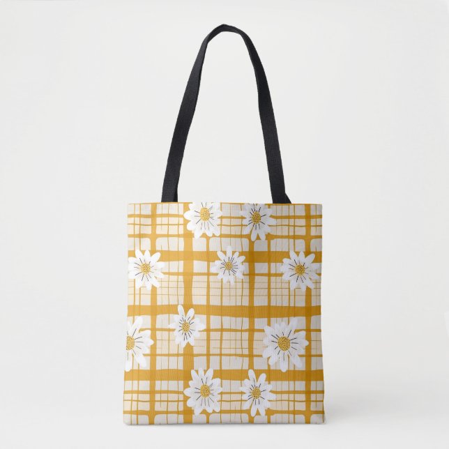 White Daisy Floral Pattern on Yellow Gingham Tote Bag (Front)