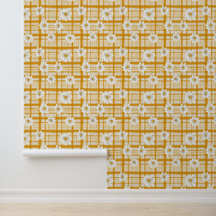White Daisy Floral Pattern on Yellow Gingham Wallpaper