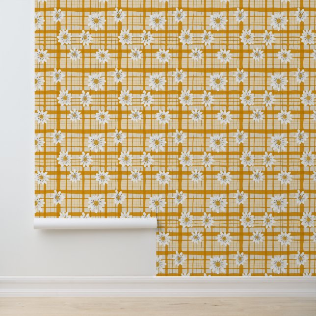 White Daisy Floral Pattern on Yellow Gingham Wallpaper (Application)