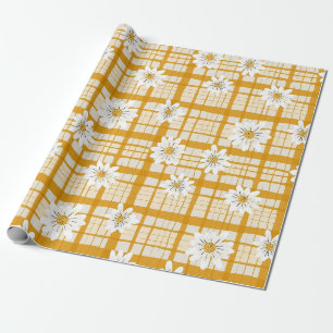 White Daisy Floral Pattern on Yellow Gingham Wrapping Paper