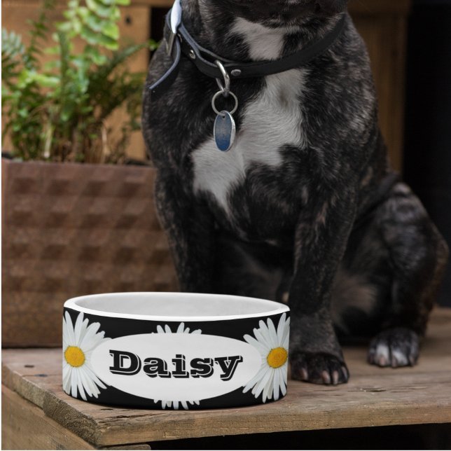 White Daisy Floral Pattern Personalised Pet Bowl (In Situ)