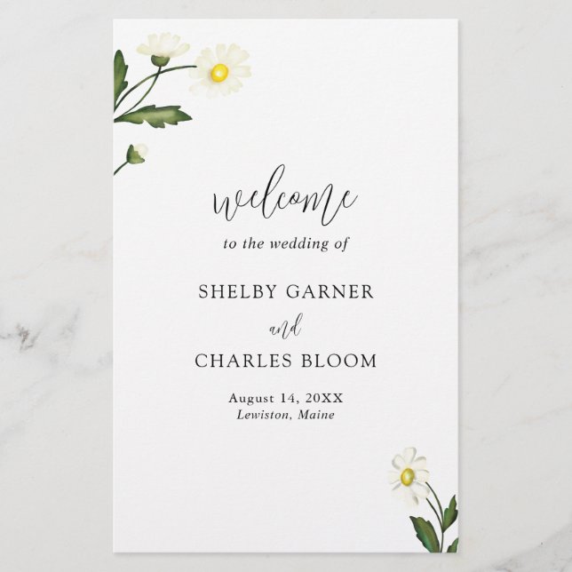 White Daisy Floral Rustic Budget Wedding Program Flyer (Front)