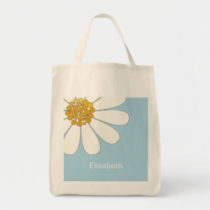 White Daisy Flower and Blue Personalize Name Tote Bag