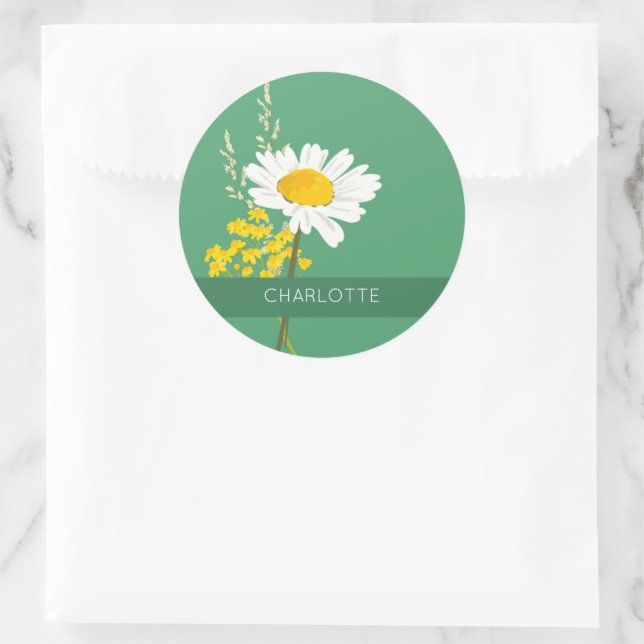 White Daisy Flower Custom Name  Classic Round Sticker (Bag)