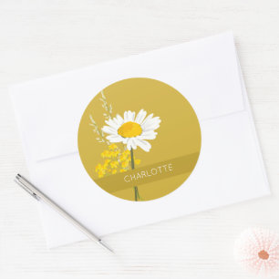 White Daisy Flower Custom Name Classic Round Sticker