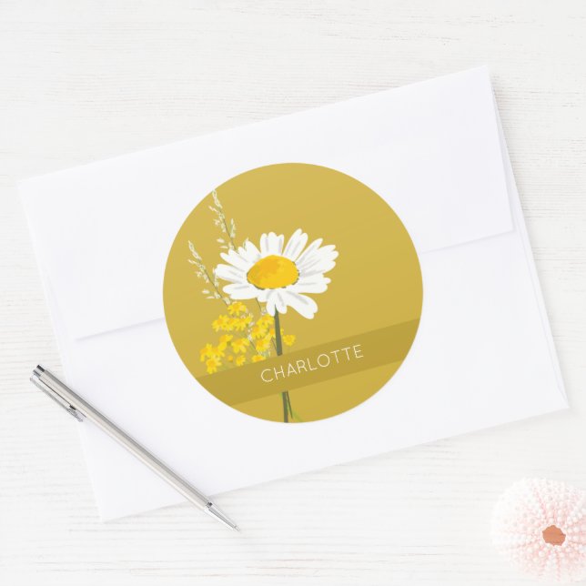 White Daisy Flower Custom Name  Classic Round Sticker (Envelope)
