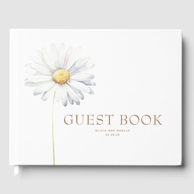 White Daisy Flower Elegant Botanical Wedding Guest Book (Front)