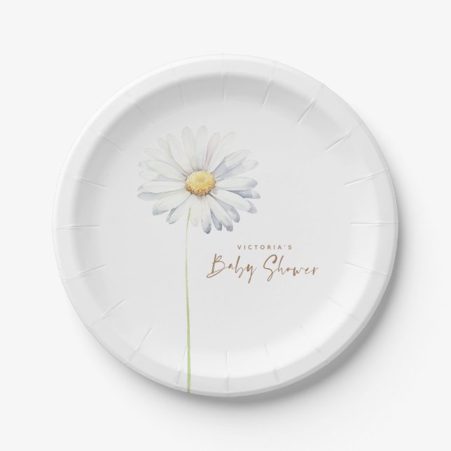 White Daisy Flower Elegant Cute Watercolor Paper Plate (Front)