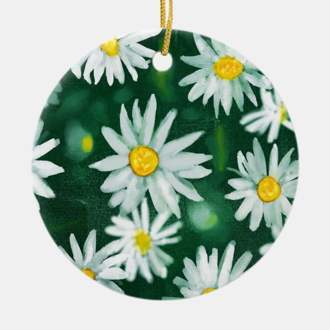 White Daisy Flower Gouache Pattern Ceramic Tree Decoration (Front)