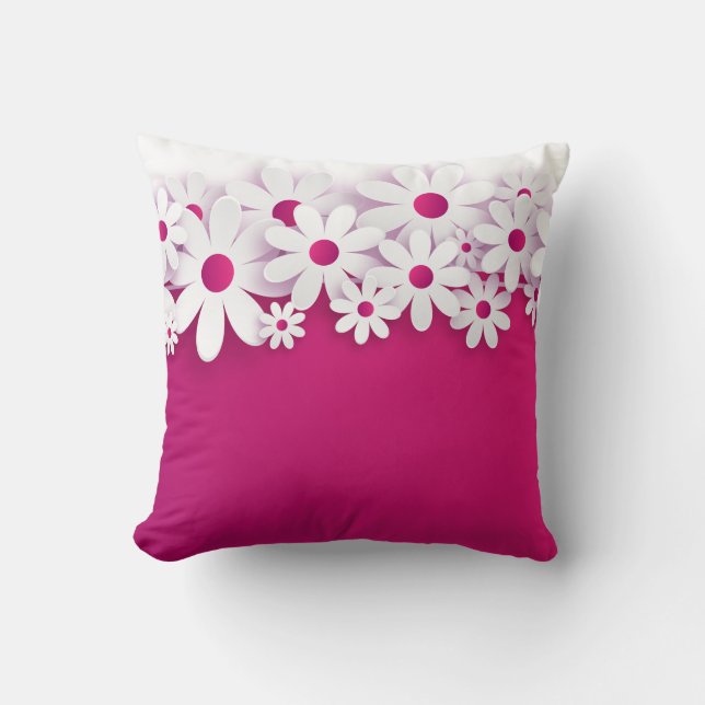 White Daisy Flower Magenta Pink Floral Home Accent Cushion (Front)