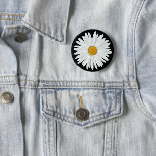 White Daisy Flower on Black Floral 6 Cm Round Badge