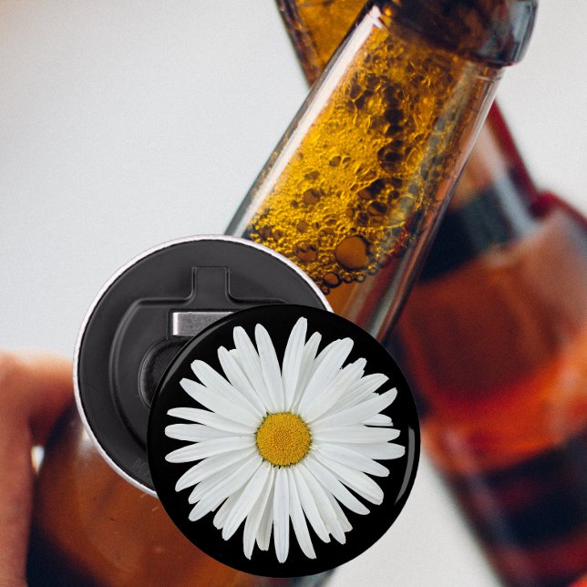 White Daisy Flower on Black Floral Bottle Opener (In Situ Beer Bottle)