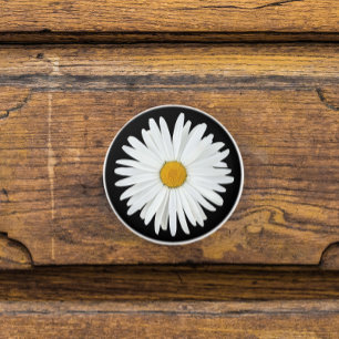 White Daisy Flower on Black Floral Ceramic Knob
