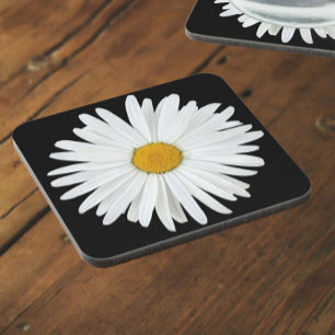 White Daisy Flower on Black Floral Coaster