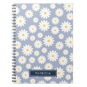 White Daisy Flower Pattern Dusty Blue Personalised Notebook