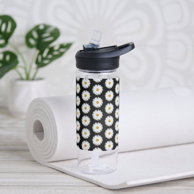 White Daisy Flower Pattern on Black Water Bottle (Yoga)