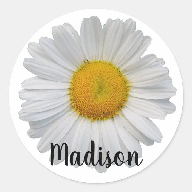 White Daisy Flower Personalised Name Classic Round Sticker (Front)