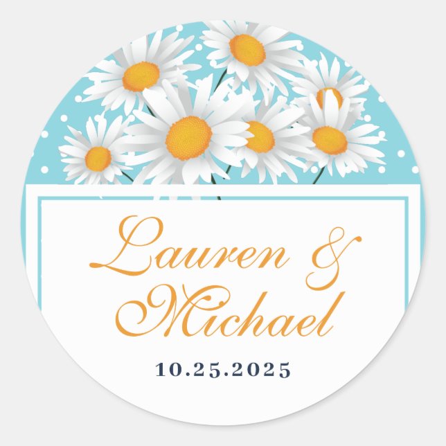 White Daisy Flower Polkadot Pattern Floral Wedding Classic Round Sticker (Front)