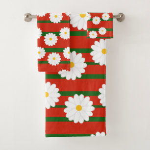 White Daisy Flower red Merry Christmas Holiday  Bath Towel Set