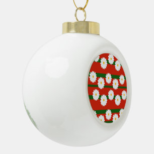 White Daisy Flower red Merry Christmas Holiday  Ceramic Ball Christmas Ornament