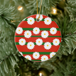 White Daisy Flower red Merry Christmas Holiday Ceramic Tree Decoration