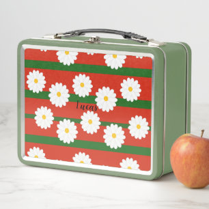White Daisy Flower red Merry Christmas Holiday Metal Lunch Box