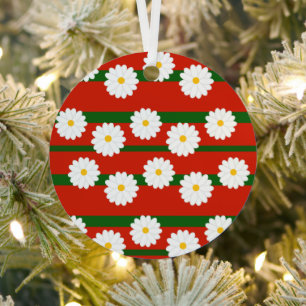 White Daisy Flower red Merry Christmas Holiday Metal Tree Decoration