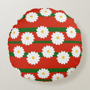 White Daisy Flower red Merry Christmas Holiday Round Cushion
