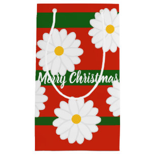 White Daisy Flower red Merry Christmas Holiday  Small Gift Bag