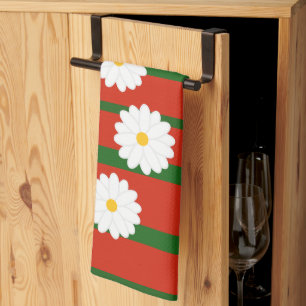 White Daisy Flower red Merry Christmas Holiday Tea Towel