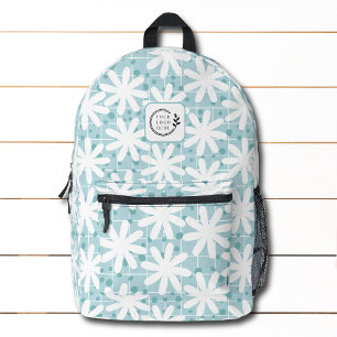 White Daisy Flowers Blue Tiles Add Logo Corporate Printed Backpack