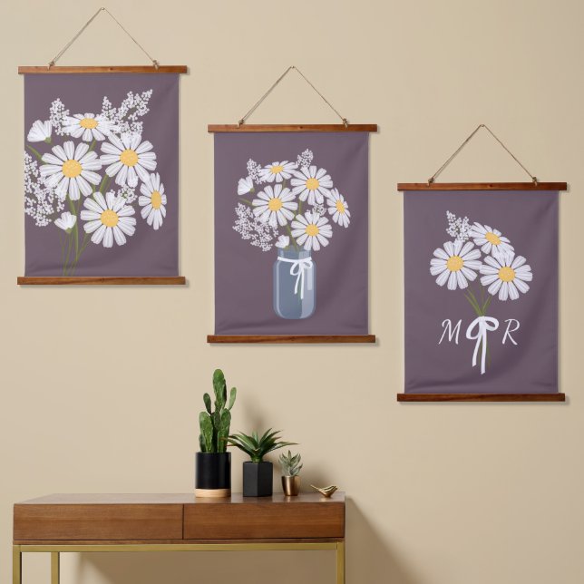 White Daisy Flowers Bouquet Dark Purple Set of 3 Hanging Tapestry (Asymmetrical)