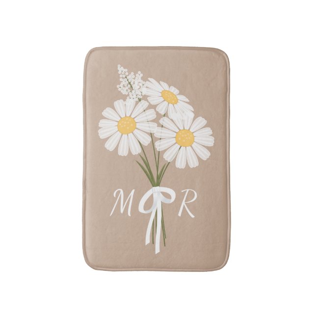 White Daisy Flowers Bouquet Monogram on Beige Bath Mat (Front Vertical)