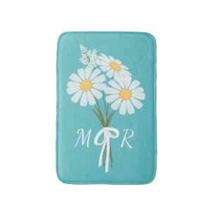 White Daisy Flowers Bouquet Monogram on Teal Bath Mat