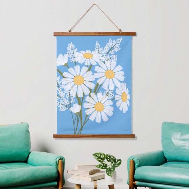 White Daisy Flowers Bouquet on Blue Hanging Tapestry (Living Room)