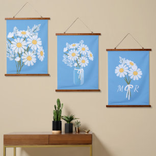 White Daisy Flowers Bouquet on Blue Set of 3 Hanging Tapestry