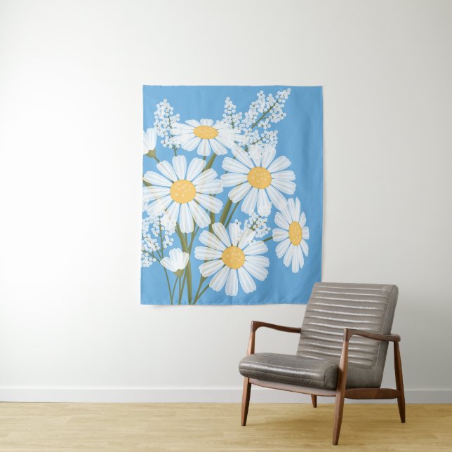 White Daisy Flowers Bouquet on Blue Tapestry (In Situ)