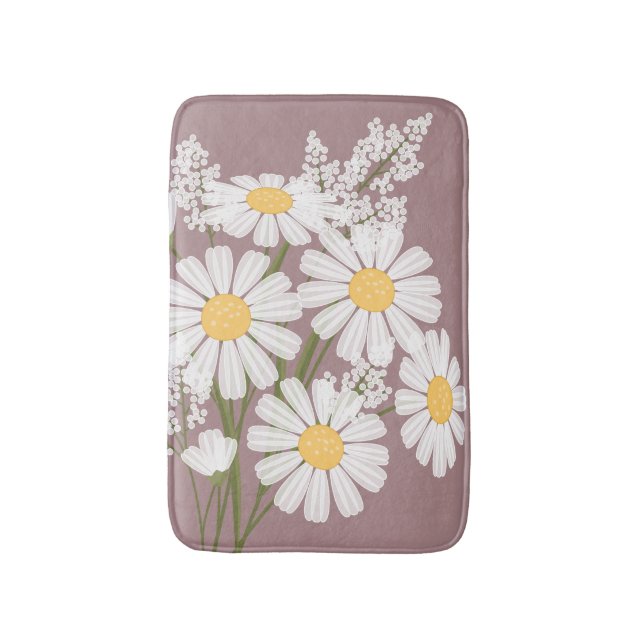 White Daisy Flowers Bouquet on Dark Pink Bath Mat (Front Vertical)