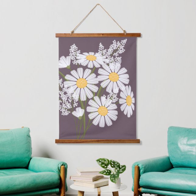 White Daisy Flowers Bouquet on Dark Purple Hanging Tapestry (Living Room)