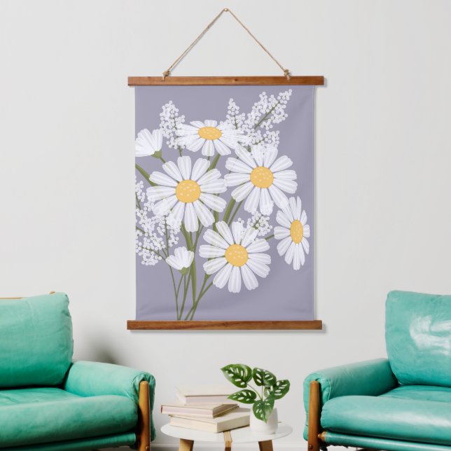 White Daisy Flowers Bouquet on Lavender Hanging Tapestry (Living Room)