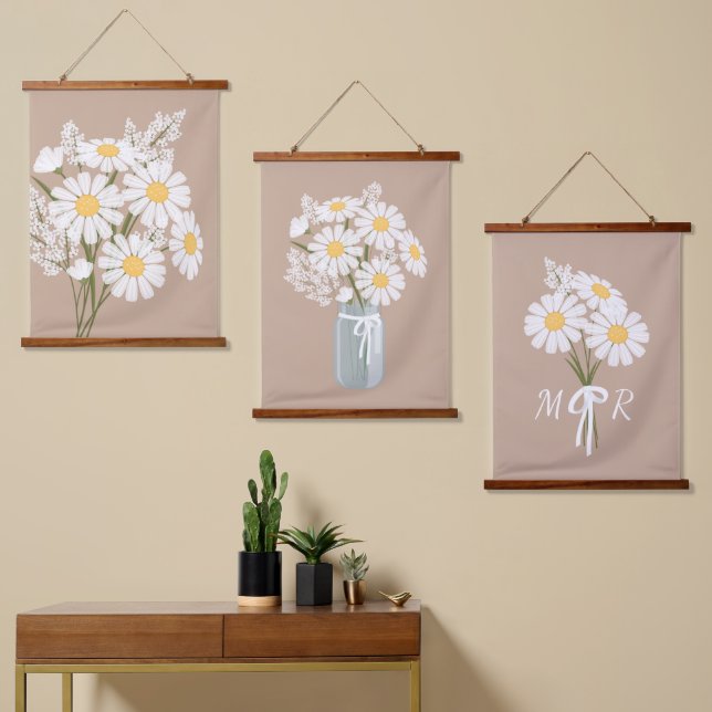 White Daisy Flowers Bouquet Rustic Beige Set of 3  Hanging Tapestry (Asymmetrical)