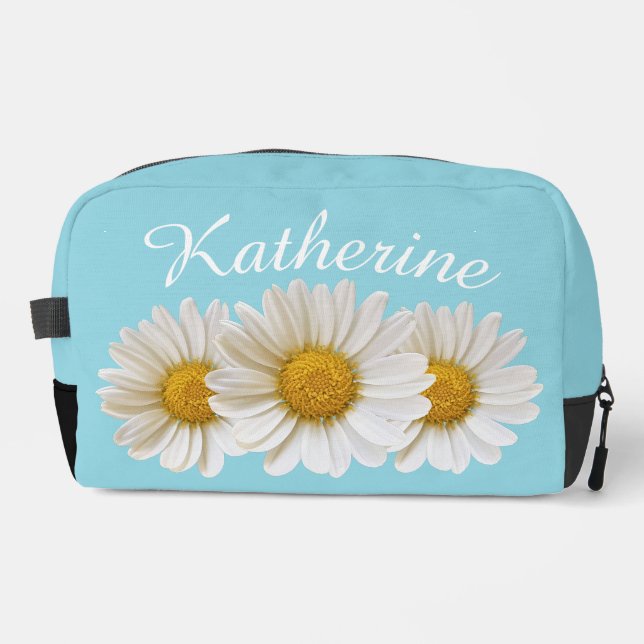 White Daisy Flowers Custom Name Light Blue Dopp Kit (Front)