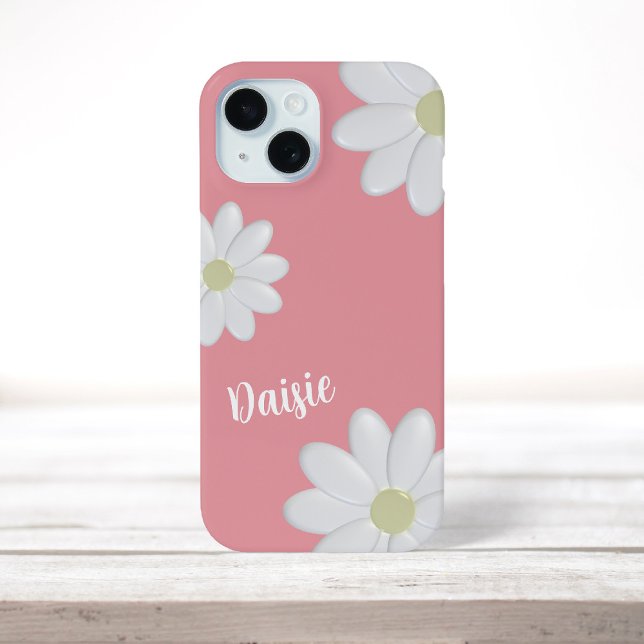 White Daisy Flowers Cute Salmon Pink Girly Case-Mate iPhone Case (A cute pink and white daisy phone case with space for your name)