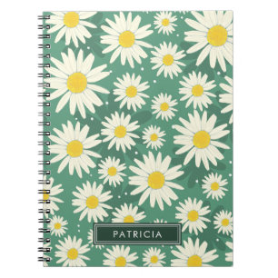 White Daisy Flowers Design Green Personalised Notebook