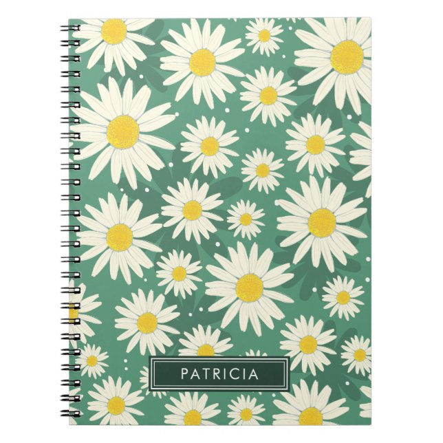 White Daisy Flowers Design Green Personalised Notebook (Front)