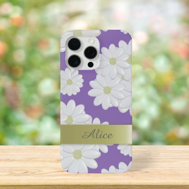 White Daisy Flowers Girly Purple Modern Floral Case-Mate iPhone Case (A cute purple and white daisy phone case with space for your name)