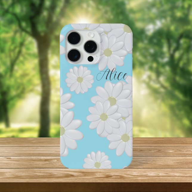 White Daisy Flowers Modern Floral Sky Blue Case-Mate iPhone Case (A pretty sky blue and white daisy phone case with space for your name)