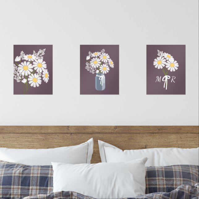White Daisy Flowers Monogram Dark Purple Set of 3 (Bedroom)