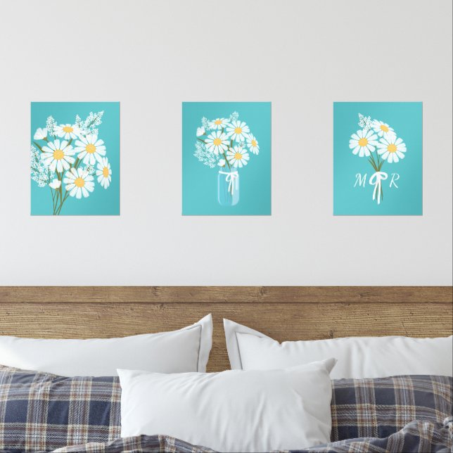 White Daisy Flowers Monogram Teal Set of 3 (Bedroom)