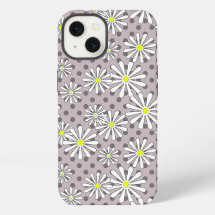 White daisy flowers on a beige brown polka dot iPhone 13 case